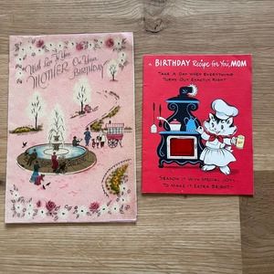 Vintage Birthday Card for Mom Lot of 2 1950s Cat Baking Park Scene Floral Pink
